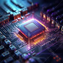 Close up of electronic circuit board. Futuristic central processor unit.