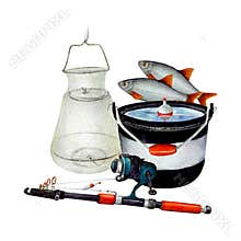 Watercolor drawing set of fishing bucket, black and white with red handle. Full of water and with a bobbler in it and