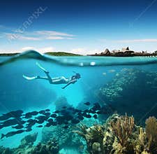 Young woman snorkeling in the coral reef in the tropical sea