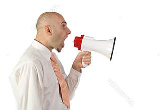 Man yelling into bullhorn