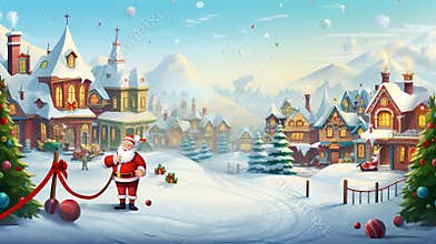 Christmas banner Santa Claus, reindeer, and elves in a festive North Pole village, AI generated
