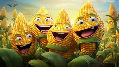 A whimsical and colorful scene featuring cartoon-style corn characters with friendly faces, agricultural or food, AI generated