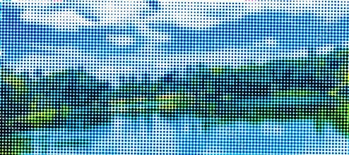 CMYK boat, river, water, travel, tree, scenery, skyline abstract dot Ronud circle flower leaf design, a blue pink with a