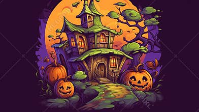 Cute Haunted House Cartoon T-Shirt Design with Pumpkins in Purple, Orange, and Green.