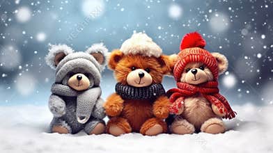 Teddy bears wearing a Santa hat on a festive New Year's background. Christmas card with animals. present.