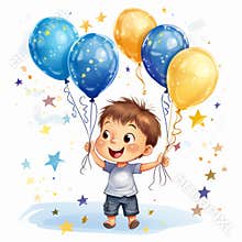 Clipart for children\'s birthday. The boy holds balloons in his hands. Illustration for postcards
