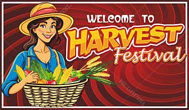 Advertising banner with a beautiful woman farmer with an invitation to the Harvest Festival. CDR vector format is available.
