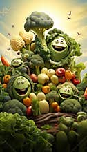 Whimsical pile of vegetables. Majestic tower of happy vegetable faces. AI generated.