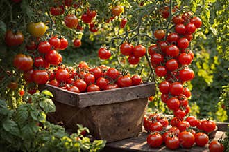 Ripe red cherry tomatoes in a basket on a table in a garden