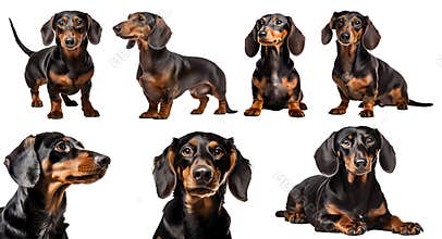 Dachshund dog puppy, many angles and view portrait side back head shot isolated on transparent background cutout, PNG