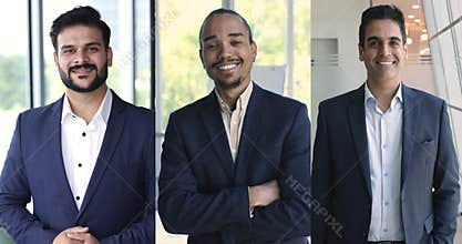 Three multiethnic handsome company CEO or company owners vertical portraits