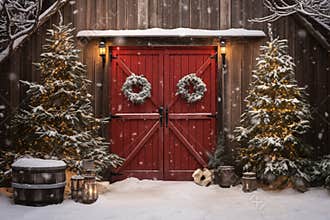 Christmas wreath hanging on a barn door in a rural winter setting.