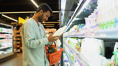 Side view of handsome indian man buying milk. A man shopping dairy product in grocery store