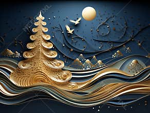 Christmas card with dark blue and gold wave background, with Christmas tree.