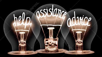 Light Bulbs with Help, Assistance and Advice Concept