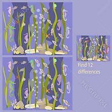 in the seahorses rebus for children up to 8 years old, find 12 differences