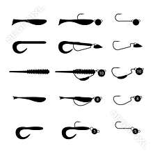 Fishing rigs of silicone lures, flat vector illustration