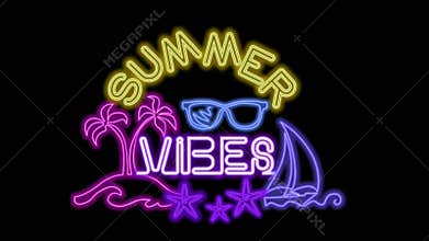 Neon lettering of Summer Vibes. Glowing headline bright neon cursive text of Summer Vibes.
