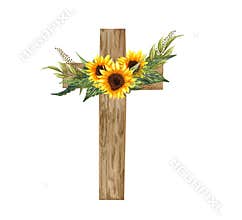 Sunflower floral cross. Easter illustration. Watercolor Wedding Cross