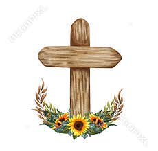 Sunflower floral cross. Easter illustration. Watercolor Wedding Cross