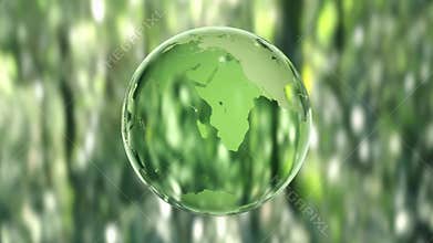4k Rotating planet Earth shaped ball made of crystal in a green forest,3D looping animation