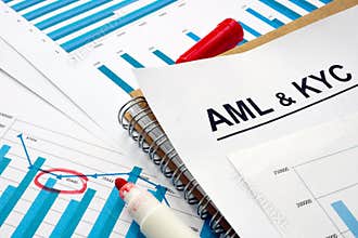 Documents about AML and KYC and stack of papers.