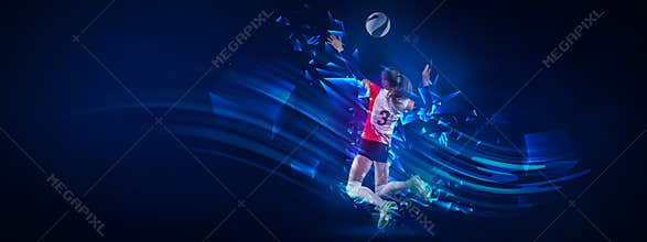 Flyer. Creative artwork with female volleyball player in motion with ball isolated on dark blue background with neoned