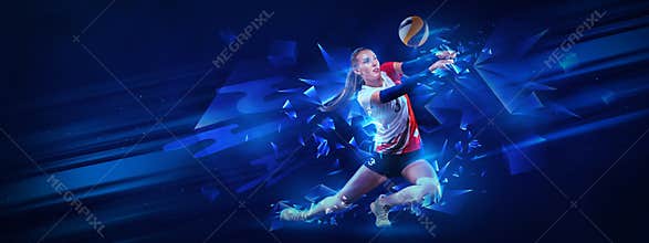 Flyer. Creative artwork with female volleyball player in motion with ball isolated on dark blue background with neoned