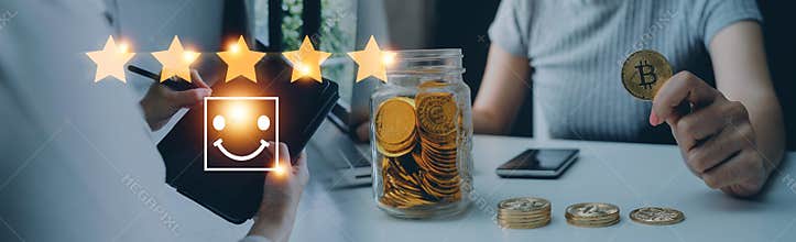 Customer evaluation feedback.men in suit Giving Positive Review for Client& x27;s Satisfaction Surveys.giving a five star rating.