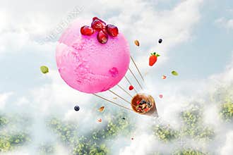 Delicious ice cream refreshes the soul like a heavenly ice cream balloon carrying a waffle cone with favorite toppings