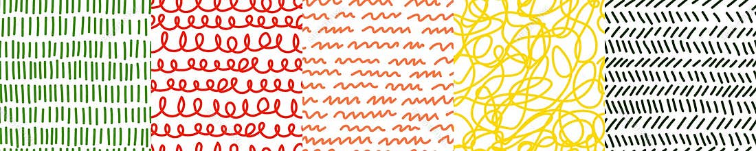 Set of hand drawn sketch spirals lines seamless pattern. Striped endless wallpaper collection. Doodle style. Broken line