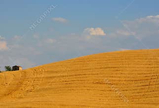 Idyllic landscape in Tuscany with a house on a sunny day , Italy