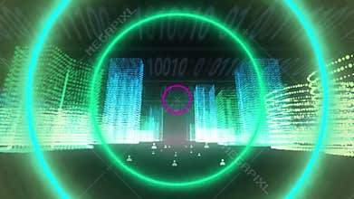 Animation of neon circles pulsating over metaverse city