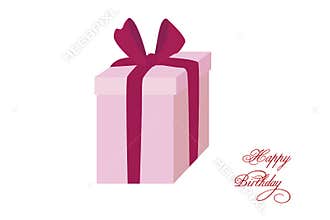 Cartoon pink gift box with ribbon on white background.