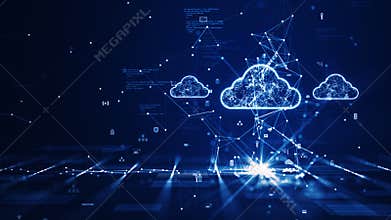 Cloud and edge computing technology concept with cybersecurity data protection system. Three large cloud icons stand out on the