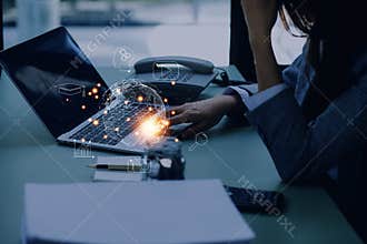 man wearing VR glasses and accessing the Technology Internet, multimedia, Storage Network connection Concept And a large database