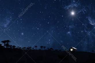 star shines over the manger of christmas of Jesus Christ. panorama