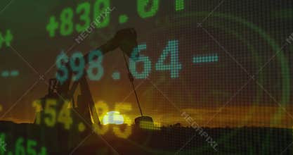 Animation of stock market data processing against crane working against sunset sky