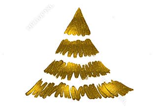 Hand drawn golden glitter oil brush stroke Christmas tree with star isolated on png or transparent background. Graphic