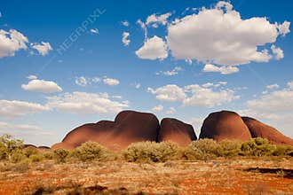 The Olgas, Kata Tjuta, Australia, with blue sky and white clouds