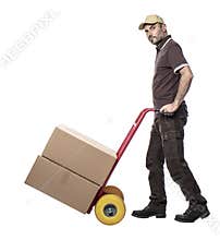 Man with handtruck and big parcels