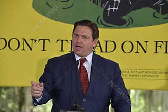 Closeup shot of Ron DeSantis during a political speech in Oviedo, FL