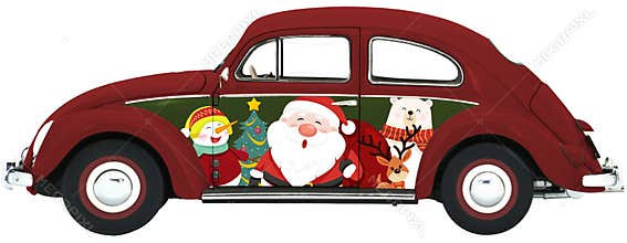 Old-fashioned Christmas Graffiti Red and Green Beetle Car Isolated on white PNG