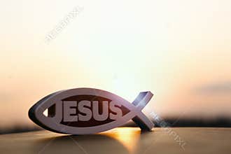 The brightly rising New Year\'s sunrise and Christian\'s symbol fish figure Ichthus