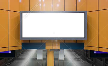 Blank advertising billboard poster mockup in train station. Horizontal out-of-home OOH media display space digital display screen