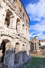 The Theatre of Marcellus Teatro Marcelloin Italy, the largest open-air theatre in Ancient Rome. On the right the ruins of Temple