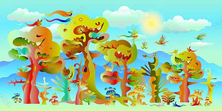Imagination wild animal fantasy smiling trees, Abstract wallpaper wonderland surreal forest fantasy