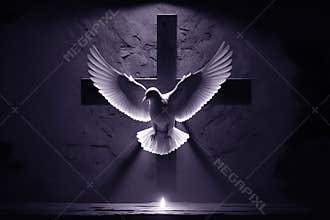Pentecost background with flying dove and catholic cross in the background