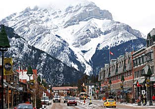 Banff Avenue shopping town under Cascade Mountain