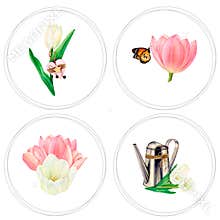 Watercolour set of four wreaths with beautiful white and pink tulips, butterfly and a watering can. Hand-drawn
